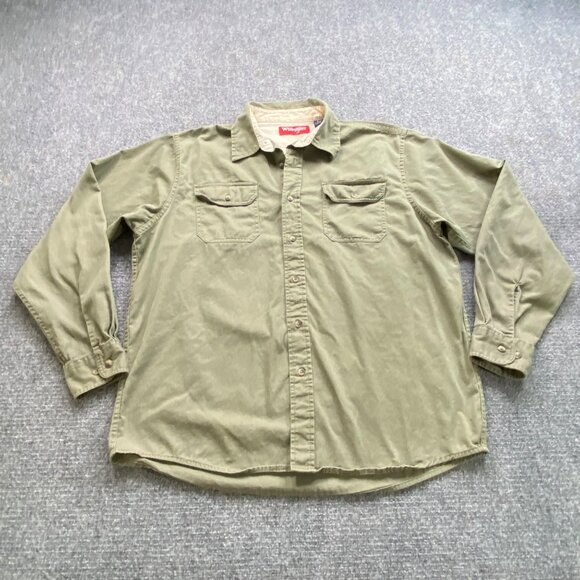 Wrangler Shirt Men's Large Olive Green Button-Up Workwear Western Paint‎ Stain - Picture 1 of 11